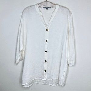 Marc New York Womens Large White Linen Tunic Gold Button Front Up Top